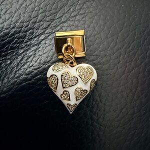 Premium Gold Tone Pavé Heart Italian Charm Link – White Enamel Love Design